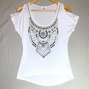 Cache White Cold Shoulder Shirt Women’s XS Embellished Blouse Top Spring Summer